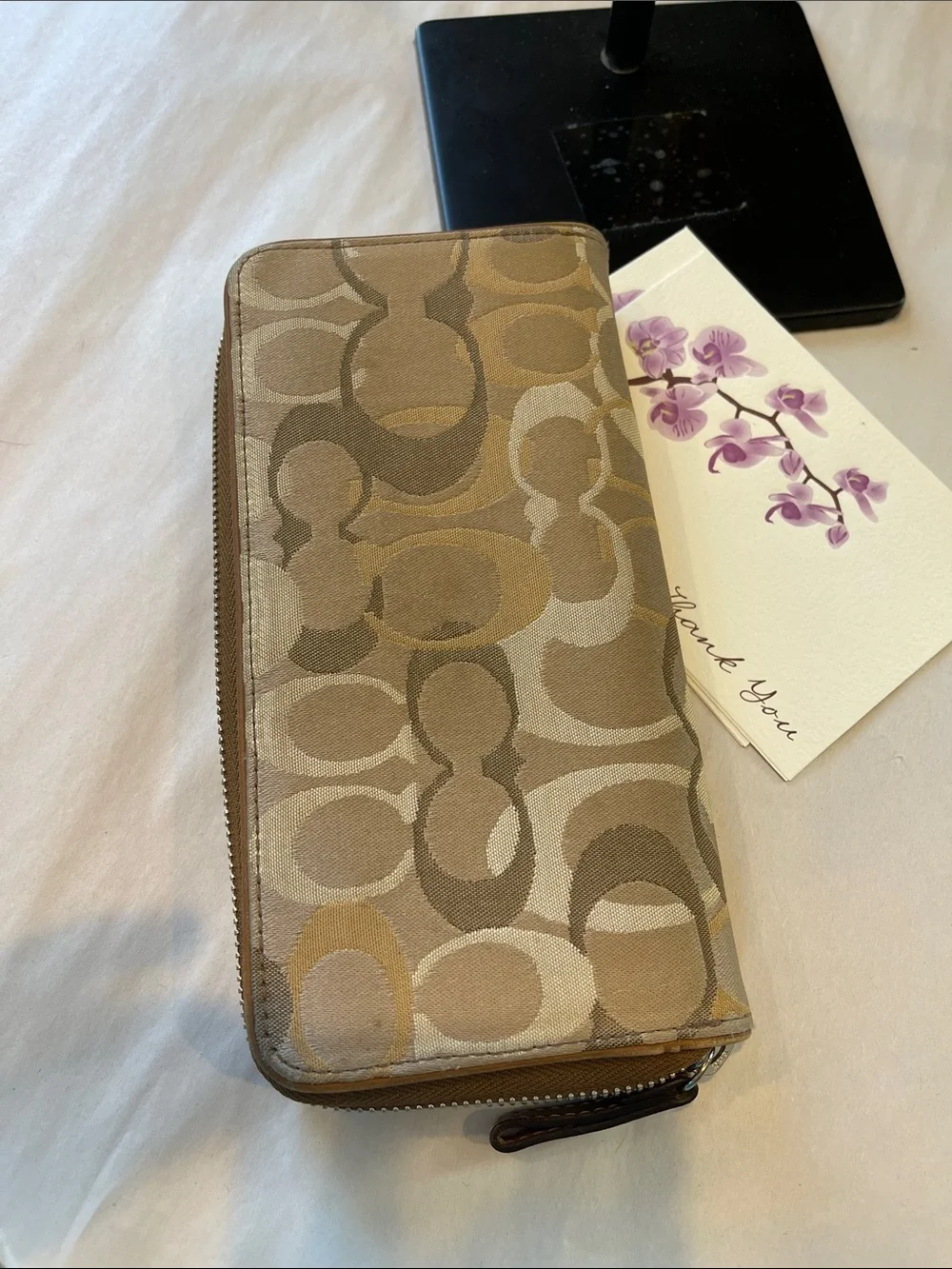 Coach Beige & Tan Signature Zip Wallet - Picture 4 of 6